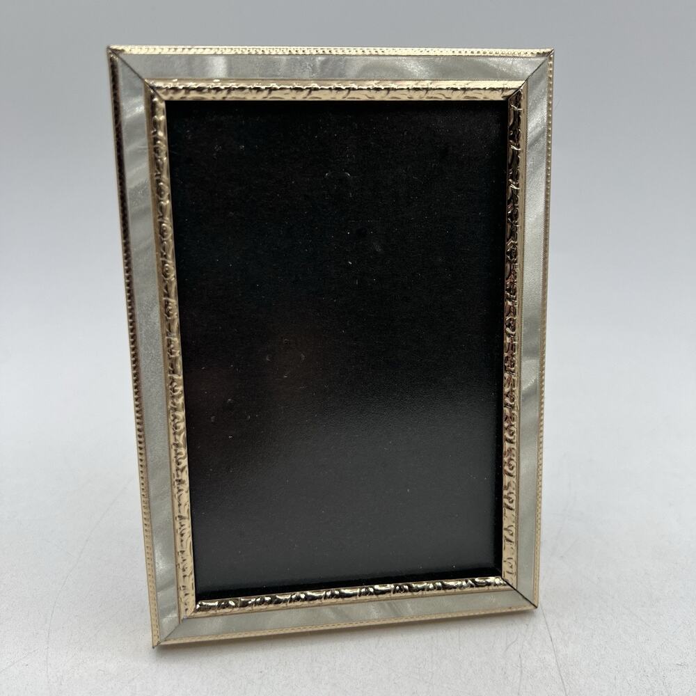 Vintage Gold Metal Brass White Mother Of Pearl Photo Frame Easel 3.5 x 4"